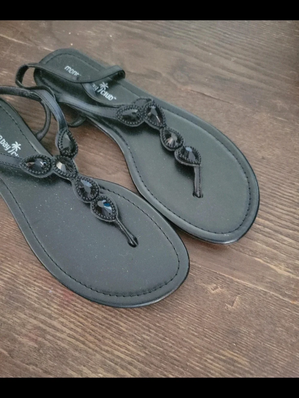 Montego Bay Club Black Jeweled T-Strap Sandals for Women